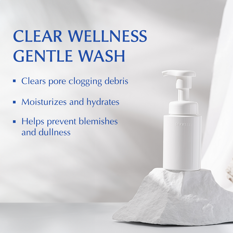 The benefits of Sekkisei Clear Wellness Gentle Wash: clears pore clogging debris, moisturizes and hydrates, and helps prevent blemishes and dullness. 