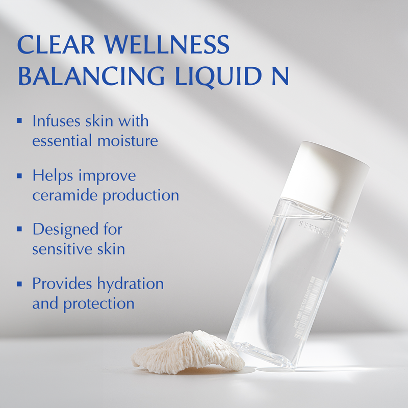 A bullet point list of the Clear Wellness Balancing Liquid N benefits. The benefits include: infuses skin with essential moisture, helps improve ceramide production, designed for sensitive skin, and provides hydration and protection.