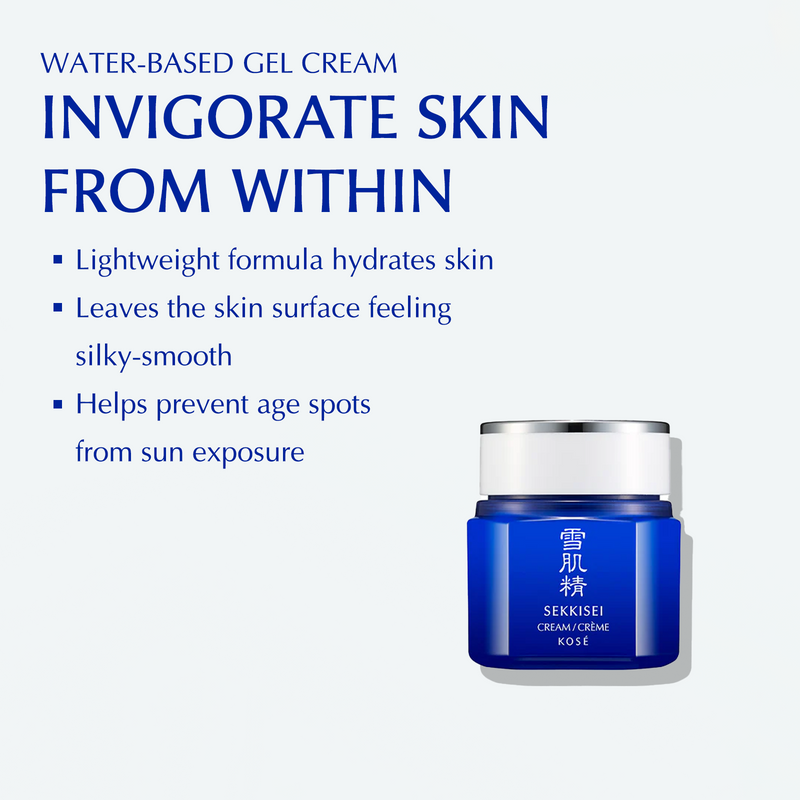 The benefits of Sekkisei Cream: lightweight formula hydrates skin, leaves skin surface feeling silky-smooth, and helps prevent age spots from sun exposure. 