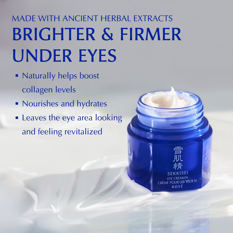 The benefits of Sekkisei Eye Cream: brighter and firmer under eyes, naturally helps boost collagen levels, nourished and hydrates, and leaves the eye area looking and feeling revitalized. 