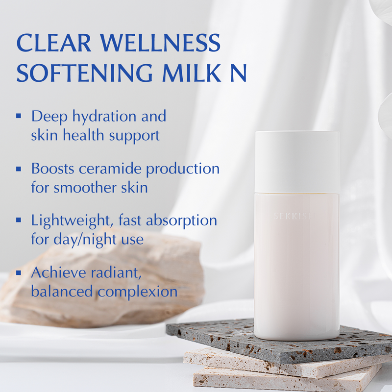 The benefits of Sekkisei Clear Wellness Softening Milk: deep hydration and skin health support, boosts ceramide production for smoother skin, lightweight, fast absorption for day/night use, and achieves radiant, balanced complexion. 