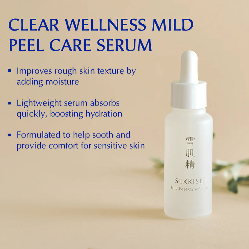 The benefits of Sekkisei Clear Wellness Mild Peel Care Serum: improves rough skin texture by adding moisture, lightweight serum absorbs quickly and boosts hydration, and formulated to help sooth and provide comfort for sensitive skin. 