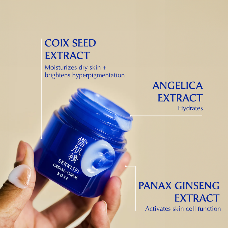 The main ingredients of Sekkisei Cream: Coix seed extract, Angelica extract, and Panax ginseng extract. 