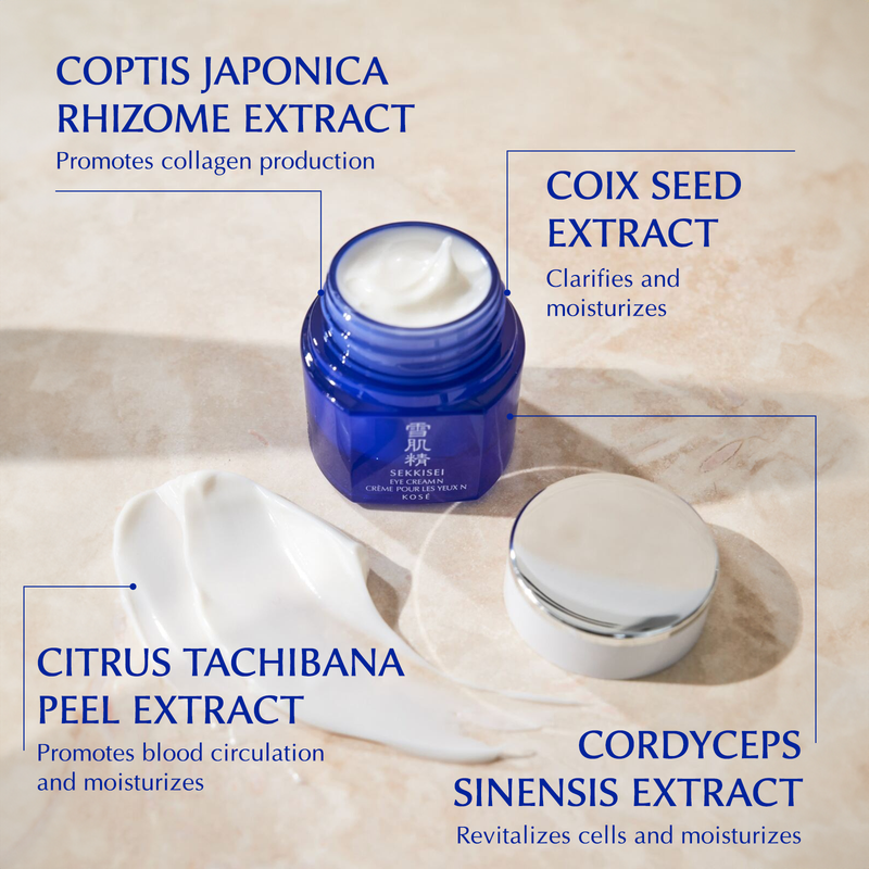 The main ingredients of Sekkisei Eye Cream: Coptis Japonica Rhizome extract, Coix seed extract, Citrus tachibana peel extract, and Cordyceps sinensis extract. 