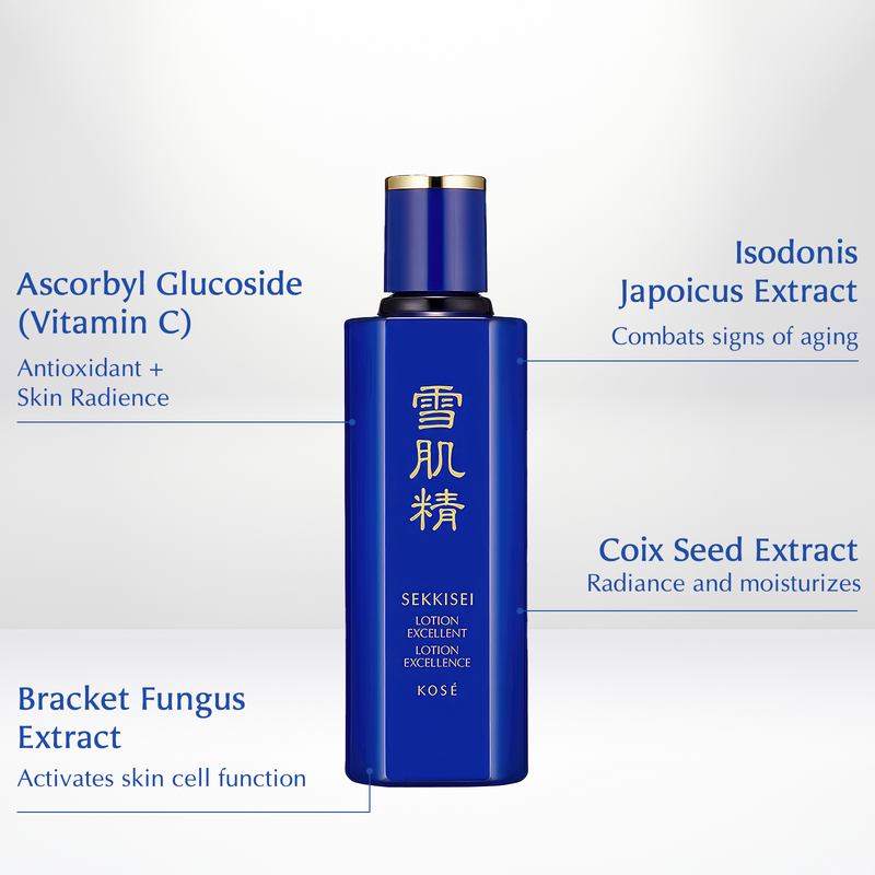 The main ingredients of Sekkisei Lotion (Toner) Excellent: Ascorbyl Glucoside (Vitamin C), Isodonis Japoicus Extract, Coix Seed Extract, and Bracket Fungus Extract. 