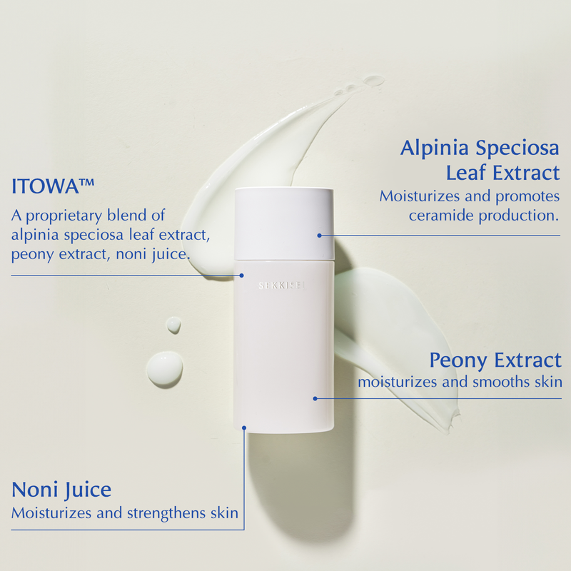 The main ingredients of Sekkisei Clear Wellness Softening Milk: Itowa, Alpinia Speciosa Leaf Extract, Noni Juice, and Peony Extract. 