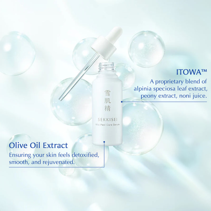 The main ingredients of Sekkisei Clear Wellness Mild Peel Care Serum: Itowa, Olive Oil Extract