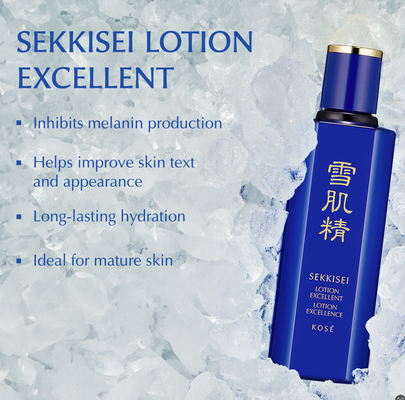 The benefits of Sekkisei Lotion Excellent: inhibits melanin production, helps improve skin texture and appearance, long lasting hydration, and ideal for mature skin. 