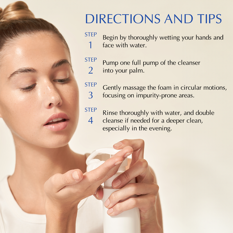 Directions and tips on how to use Sekkisei Clear Wellness Gentle Wash. Step 1 begins by thoroughly wetting your hands and face with water. Step 2 is to pump one full pump of the cleanser into your palm. Step 3 is to gently massage the foam in circular motions. Step 4 is to rinse thoroughly with water. 