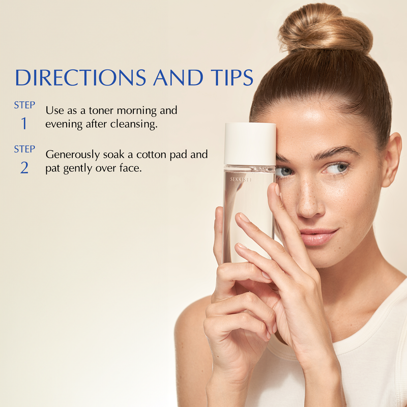 Directions and tips on how to use Sekkisei Clear Wellness Balancing Liquid. Step 1 is to use as a toner morning and evening after cleansing. Step 2 is to generously soak a cotton pad and pat gently over face.