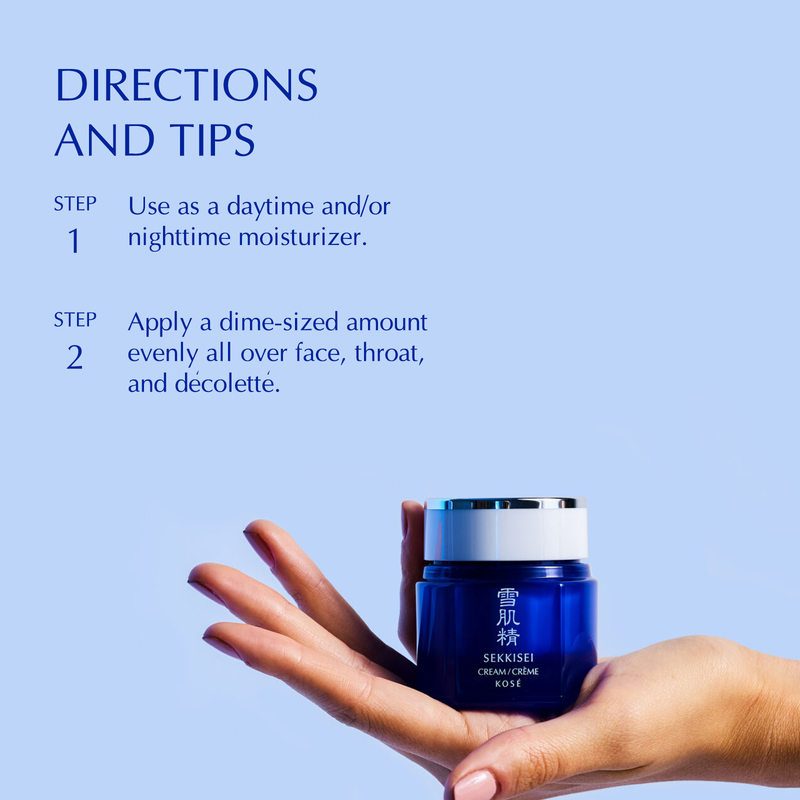 The direction and tips for Sekkisei Cream: Step 1 is to use as a daytime and/or nighttime moisturizer. Step 2 is to apply a dime-sized amount evenly all over face, throat, and décolleté. 