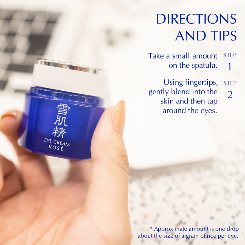 The directions and tips on how to use Sekkisei Eye Cream: Step 1 is to take a small amount on the spatula. Step 2 is to use fingertips to gently blend into the skin and then tap around the eyes. The approximate amount is one drop about the size of a grain of rice per eye. On the left size of the image is a person holding the eye cream. 