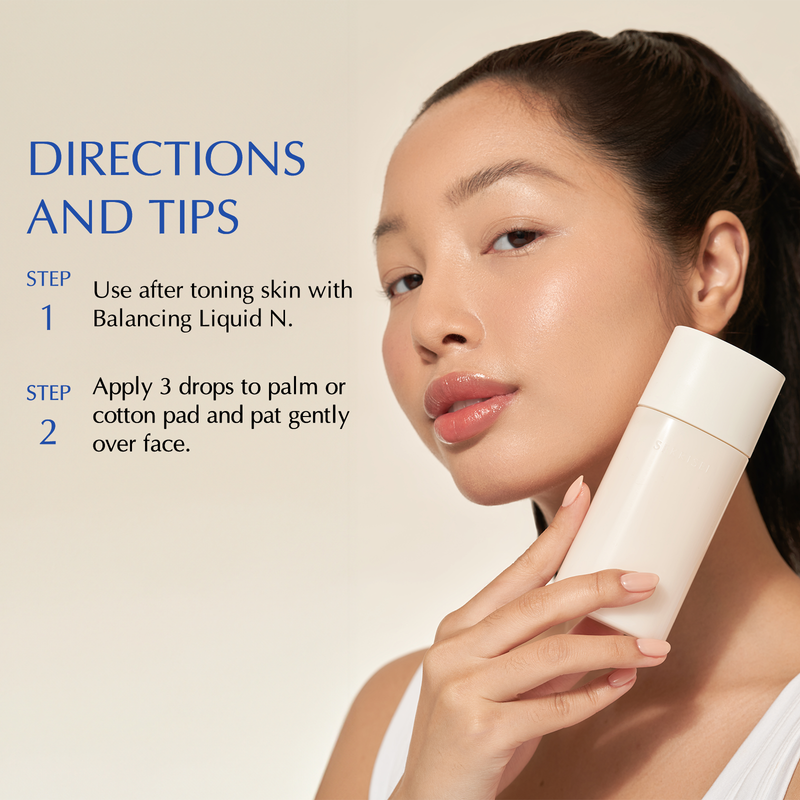 The direction and tips on how to use Sekkisei Clear Wellness Softening Milk. Step 1 is to use after toning skin with Sekkisei Balancing Liquid N. Step 2 is to apply 3 drops to palm or cotton pad and pat gently over face. There is a model on the right side of the image holding the product. 