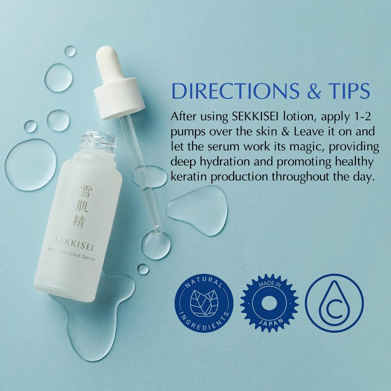 The directions and tips on how to use Sekkisei Clear Wellness Mild Peel Care Serum: Apply 1-2 pumps over the skin. Leave it on and let the serum work its magic. It provides deep hydration and promotes healthy keratin production throughout the day. 